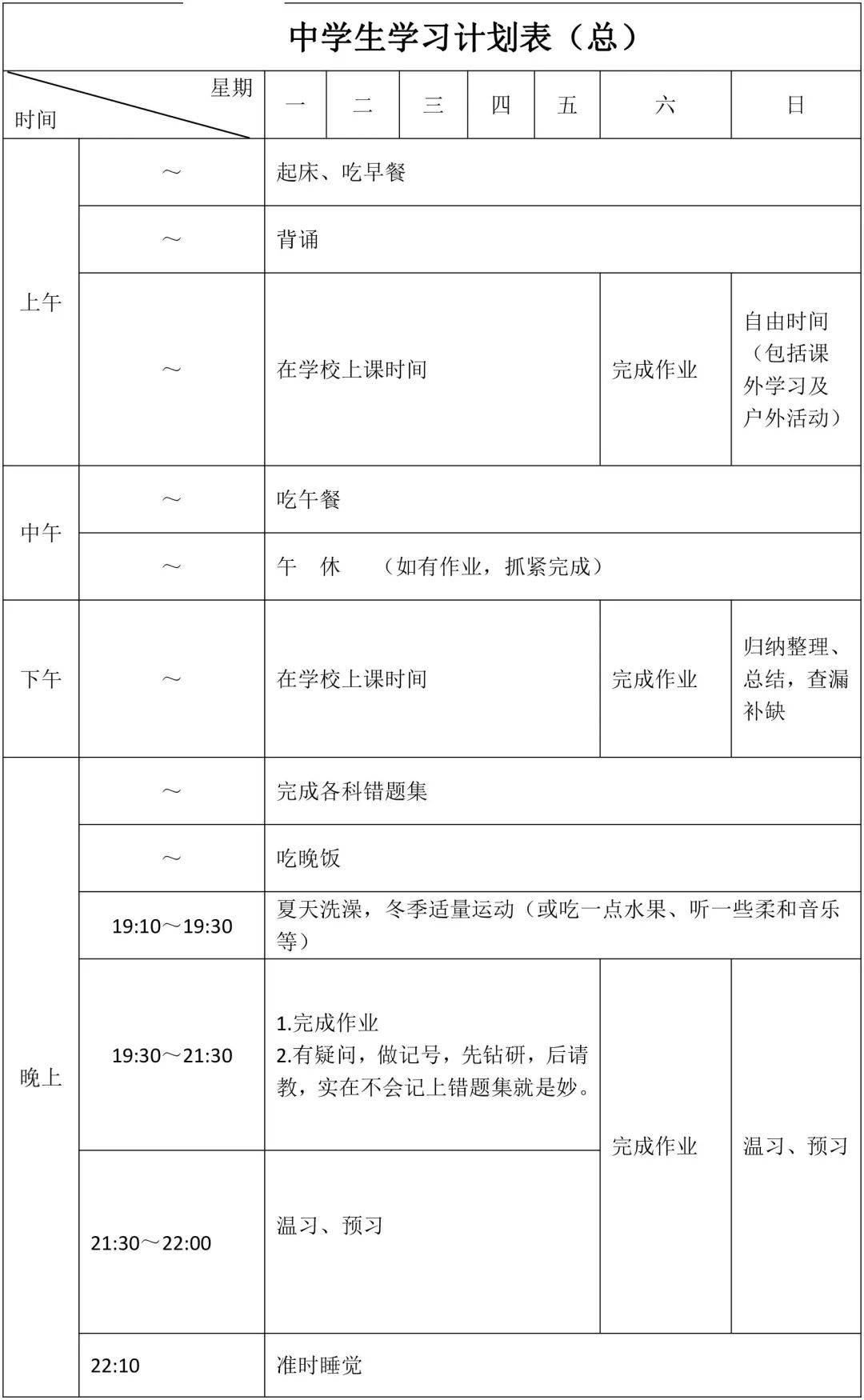 初中生学习计划〃初中生每天安排计划表-第3张图片